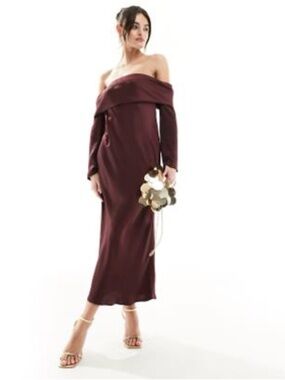 ASOS One-Shoulder Long Sleeve Midi Dress in Burgundy